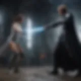 Epic lightsaber duel between two powerful characters