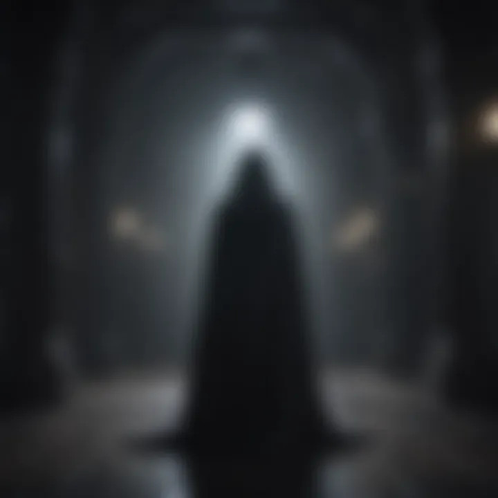 Mysterious cloaked figure in a dark and dramatic setting