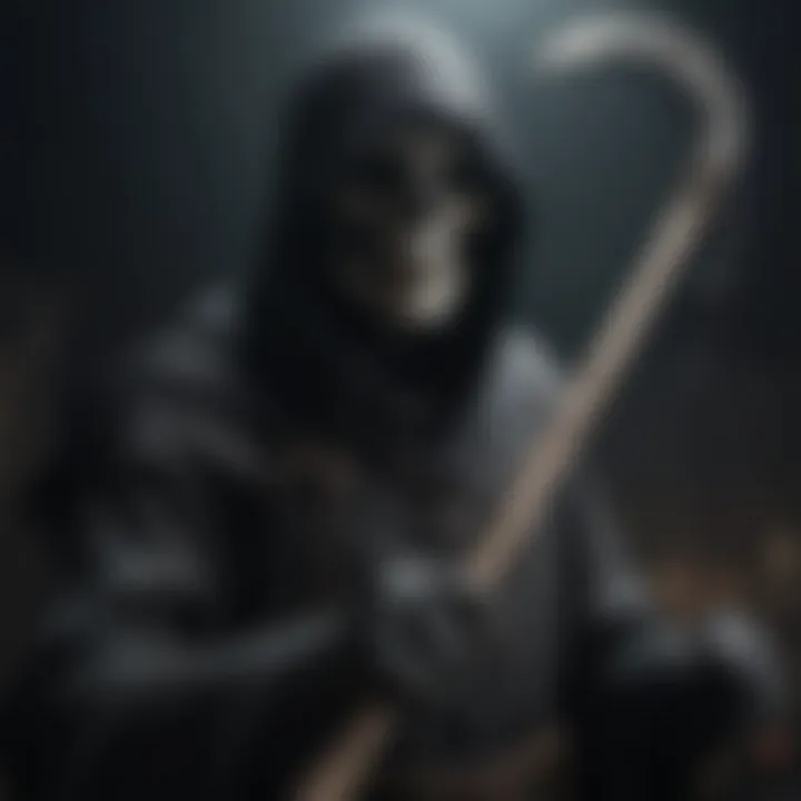 Grim reaper figure holding a scythe in dim light