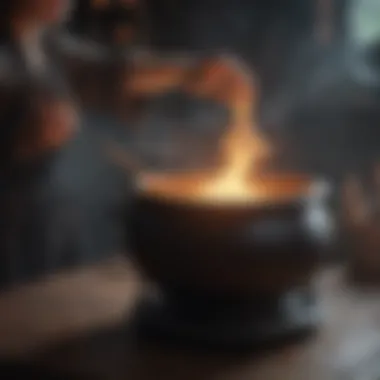 Ethereal witch brewing a potion in a mystical cauldron