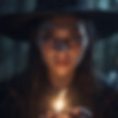 Mysterious witch with glowing eyes practicing dark magic