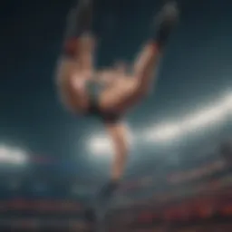 A thrilling moment from WrestleMania showcasing a dramatic high-flying maneuver